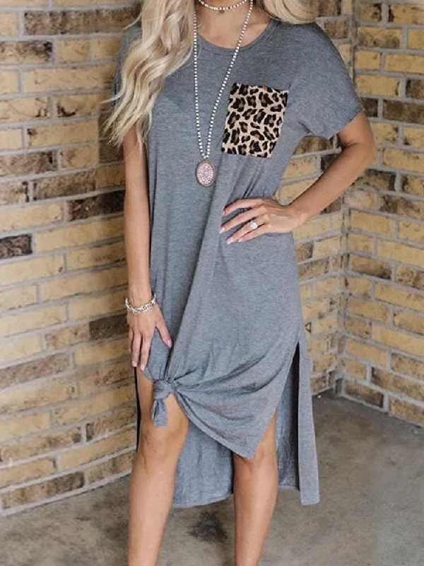 Leopard Patchwork Round Neck Short Sleeved Slit Women Midi Dress Comfortable unclassified dresses