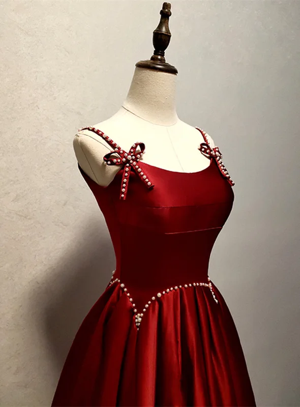 Wine Red Satin Straps Round Neckline Party Dress, Wine Red Long Prom Dress Women's trendy party dresses sale Wine Red Satin Straps Round Neckline Party Dress, Wine Red Long Prom Dress Women's trendy party dresses sale
