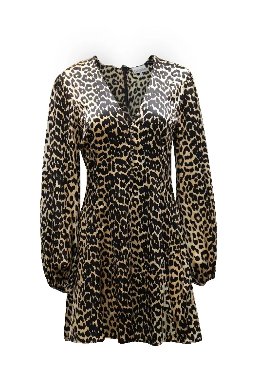 Ganni Blakely Leopard Print Mini Dress in Brown Silk Blend--Mini Skirt with Belt