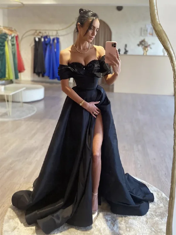 Black A-Line Off Shoulder Satin Long Prom Dress Evening Dress,DP799 Maxi Skirt Chic