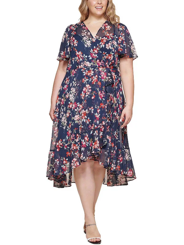 Plus Womens Floral Midi Wrap Dress Ruffled Midi Skirt